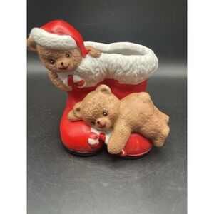 Vintage 1988 House of Lloyd Ceramic Christmas Boots with Bears Planter Decor